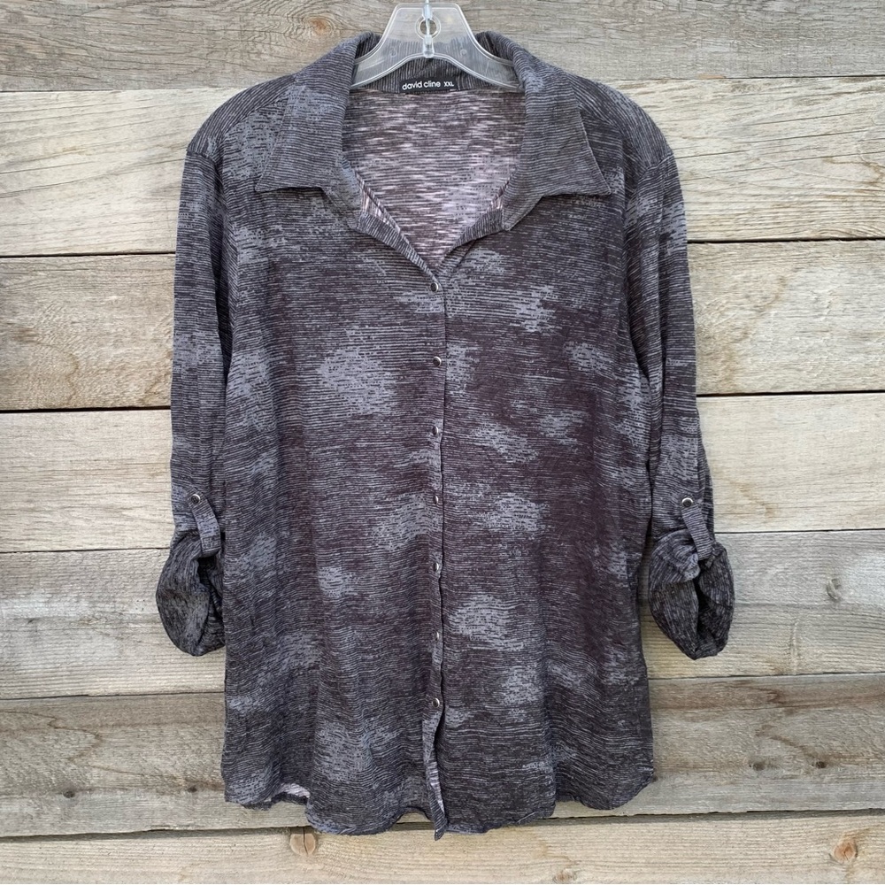 David Cline Shirt Top Womens XXL Snap Front Crushed Abstract Print Artsy Gray